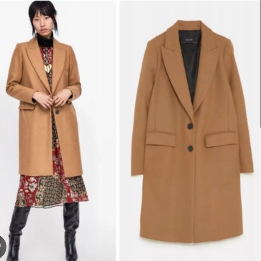 Zara Wool Blend Collared Classic Peacoat sz S in Camel
